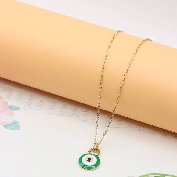 Gold Plated Green Evil Eye Pendant Necklace, XPNL0306 - Picture 9 of 13